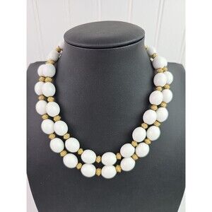 Vintage Trifari Faux Pearl Textured Gold Tone Bead Double Strand Necklace 13 in